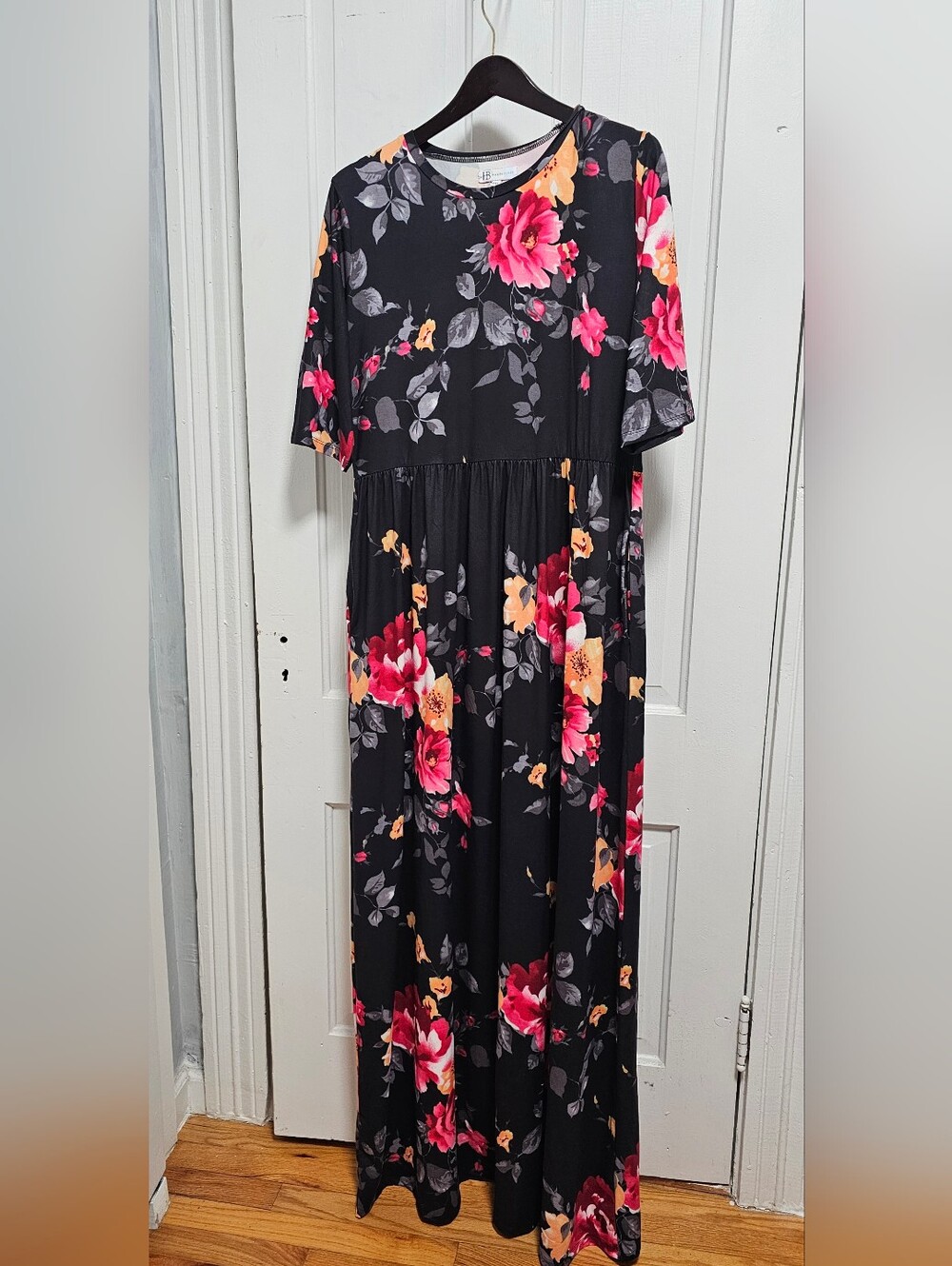 Black Floral Maxi Dress with Pink & Peach Blooms
